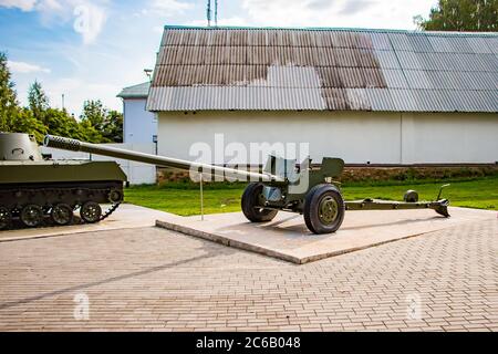 Exhibition of arms under the open sky. Tank of the second world war. Memorial complex in Nesvizh, Belarus. Stock Photo