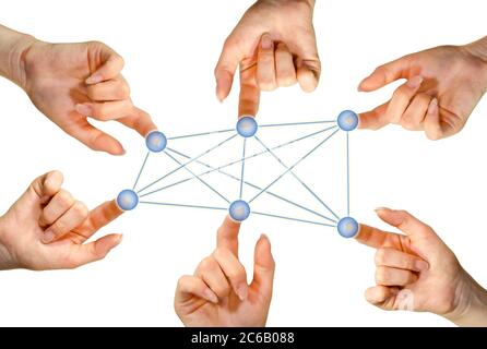 Many hands connected through virtual network Stock Photo