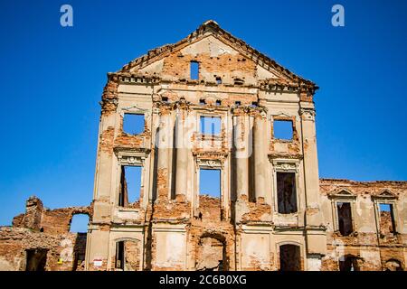 The ruins of an old abandoned medieval palace with columns in Ruzhany. Brest region, Belarus. Stock Photo