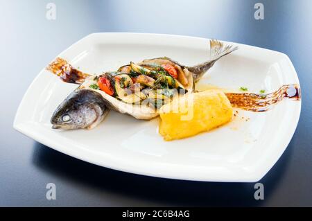 Baked trout on a plate. Delicious fish meal filled with vegetable ragout and served with potato puree. Studio shot Stock Photo