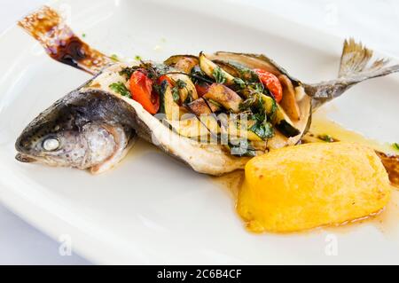 Baked trout on a plate. Delicious fish meal filled with vegetable ragout and served with potato puree. Studio shot Stock Photo