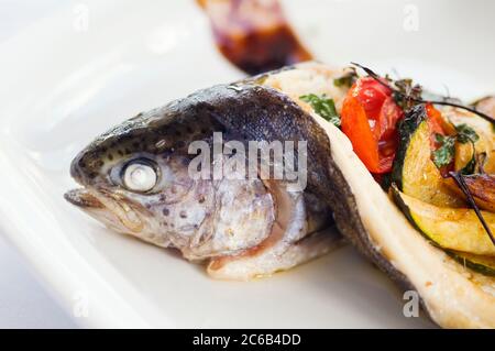 Baked trout on a plate. Delicious fish meal filled with vegetable ragout and served with potato puree. Studio shot Stock Photo