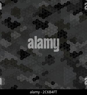 Vector background of grey dust digital hex camoflage pattern. Urban dark night hexagon snakeskin. Abstract army and hunting masking ornament texture Stock Vector