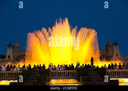 Light show and fountain in front of National Art Museum in Barcelona, in a   beautiful summer night, Catalonia, Spain Stock Photo