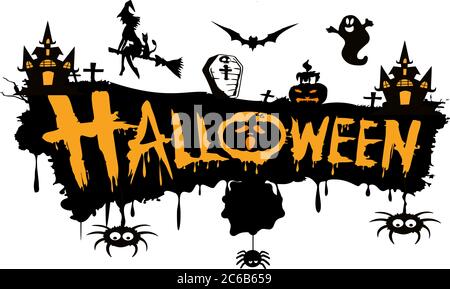 Halloween Text, with witch, ghost, scary pumpkin, bats, tombstone and spiders. VECTOR Stock Vector