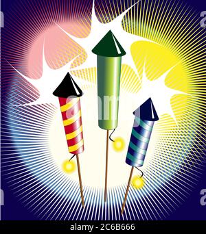 Vector illustration of fireworks - three colourful rockets exploding Stock Vector