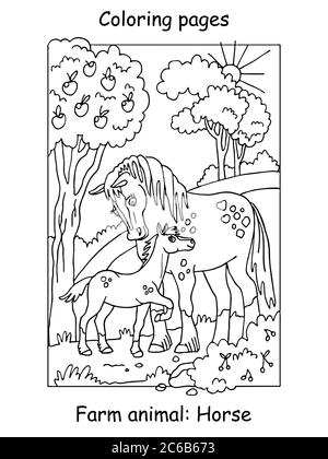 Vector coloring pages with cute horse and her foal standing in apple garden. Cartoon contour illustration isolated on white background. Stock illustra Stock Vector