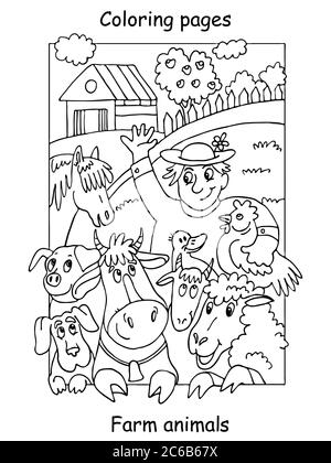 Vector coloring pages with happy farmer and his farm animals. Cartoon contour illustration isolated on white background. Stock illustration for colori Stock Vector