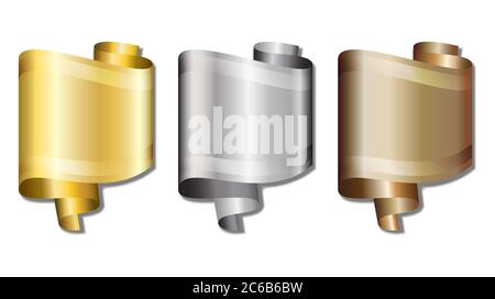 Stylised speech bubbles in the form of scrolls of gold, silver and bronze ribbons, with space for your text. EPS10 vector format. Stock Vector