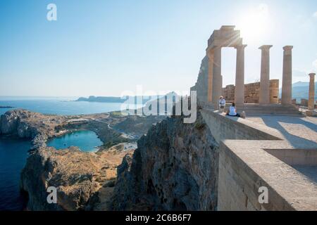 View over St. Pauls Bay from the Acropolis of Lindos, Rhodes, Dodecanese, Greek Islands, Greece, Europe Stock Photo