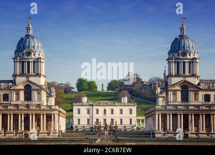 Greenwich Park, the Royal Observatory up on the hill, the Queen's House by Inigo Jones and Christopher Wren's Royal Naval College, Greenwich, London, Stock Photo