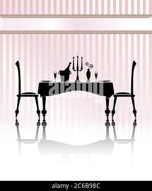 Silhouette of a romantic table setting for two. Black and white with reflection and pink candystripe background. Banner for your text. EPS10 vector fo Stock Vector