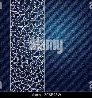 A blue denim background texture with a rectangle of hearts in white motif. ESP10 vector format Stock Vector