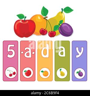 Five-a-day fruit posterconcept to encourage healthy eating. Stock Vector