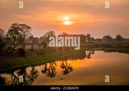 Sunset over the Brahmaputra River, Kaziranga National Park, UNESCO World Heritage Site, Assam, India, Asia Stock Photo