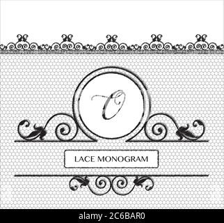 Letter ) black lace monogram, stitched on seamless tulle background with antique style floral border. EPS!) vector format Stock Vector