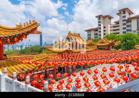 Thean Hou Temple, a large Chinese temple in Kuala Lumpur, with the city skyline behind, Kuala Lumpur, Malaysia Stock Photo