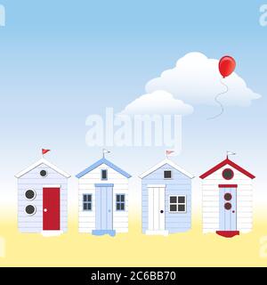 A row of beach huts against blue sky and sand with balloon floating in sky. Space for your text. EPS10 vector format. Stock Vector