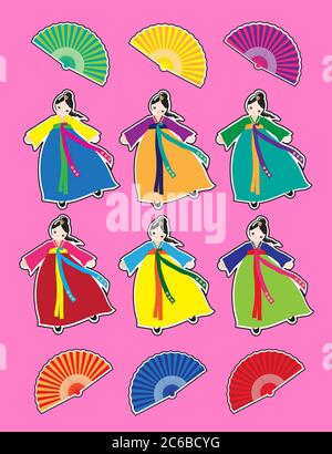 Cute Korean girls in national dress stickers.  EPS10 vector format. Stock Vector