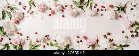Summer layout with fresh fruits and blossom peony flowers Stock Photo