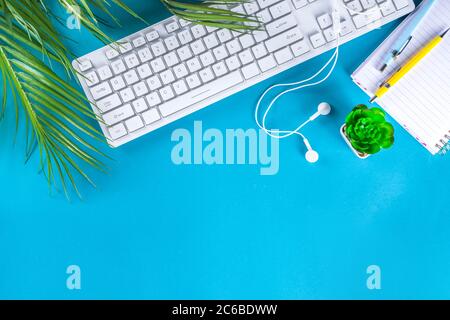 Modern workspace top view. Workplace concept with pc keyboard, notebook, pencils and green office flowers Stock Photo