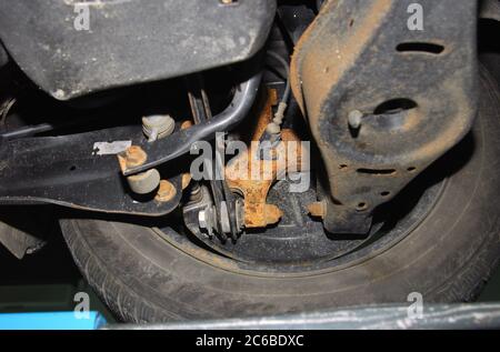 Corrosion on the car, Corrosion on the suspension of passenger cars Stock Photo