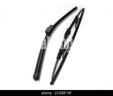 two cars windshield wipers on a white background, automotive windshield wipers one new style and one old style Stock Photo