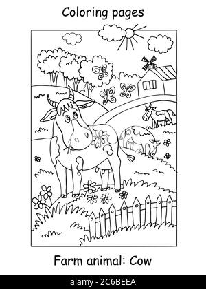 Vector coloring pages with cute cow gracing on the farm meadow. Cartoon contour illustration isolated on white background. Stock illustration for colo Stock Vector