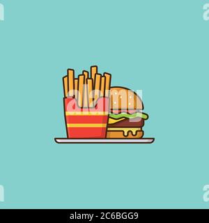 Box of french fries and Hamburger on tablet vector illustration for French Fry Day on July 13- Fast food meal color symbol. Stock Vector