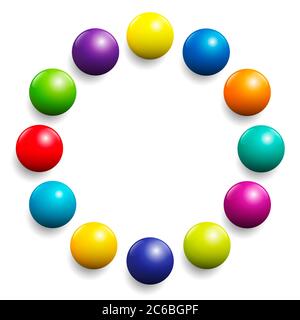 Colorful ball circle. Very shiny spectrum of colors formed by twelve balls - illustration on white background. Stock Photo
