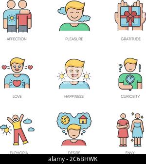 Feelings and emotions RGB color icons set. Various emotional reactions, human psychology. Positive feelings and negative mental states. Isolated vecto Stock Vector
