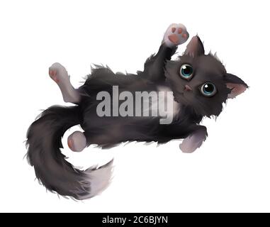 Black white kitten 3d realistic, Isolated on white background. Fluffy cat character. Symbol Halloween. Stock Photo