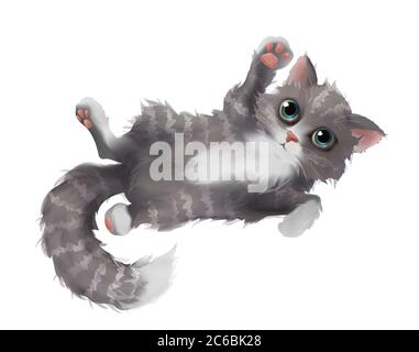 Gray white striped kitten 3d realistic, Isolated on white background. Fluffy cat character. Stock Photo