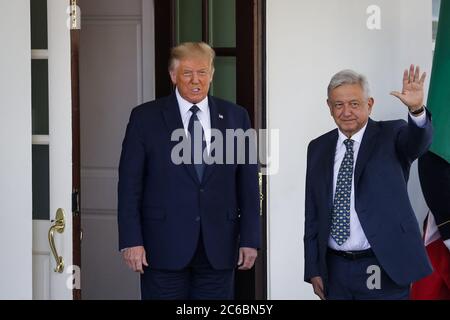 Washington, United States. 08th July, 2020. President Donald Trump welcomes Mexico's President Andres Manuel Lopez Obrador to the White House in Washington, DC, U.S., on Wednesday, July 8, 2020. Credit: UPI/Alamy Live News Stock Photo