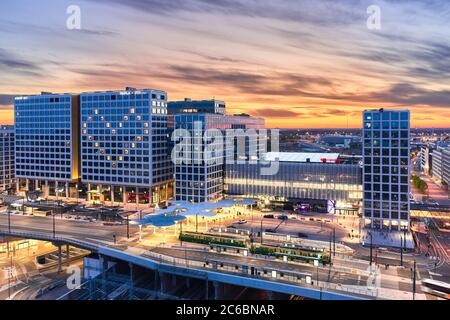 Helsinki, Finland - June 2, 2020: Aerial view of the brand new Mall of Tripla and Pasila railway station. Stock Photo