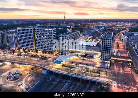 Helsinki, Finland - June 2, 2020: Aerial view of the brand new Mall of Tripla and Pasila railway station. Stock Photo