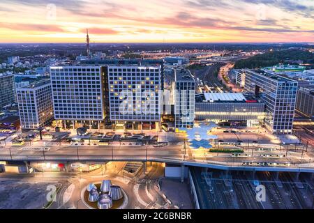 Helsinki, Finland - June 2, 2020: Aerial view of the brand new Mall of Tripla and Pasila railway station. Stock Photo