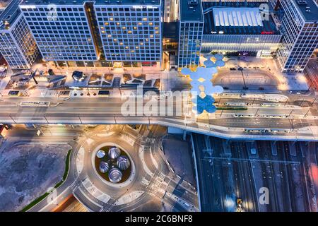 Helsinki, Finland - June 2, 2020: Aerial view of the brand new Mall of Tripla and Pasila railway station. Stock Photo