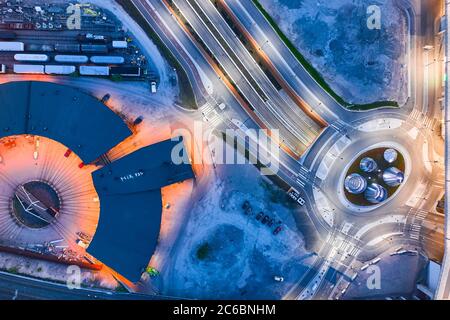 Helsinki, Finland - June 2, 2020: Aerial view of brand new street near the Mall of Tripla. Modern street design. View of railway depot. Stock Photo