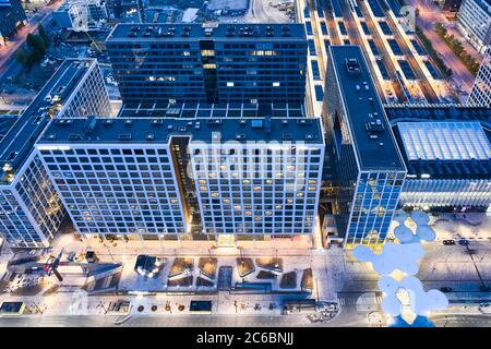 Helsinki, Finland - June 2, 2020: Aerial view of the brand new Mall of Tripla and Pasila railway station. Stock Photo