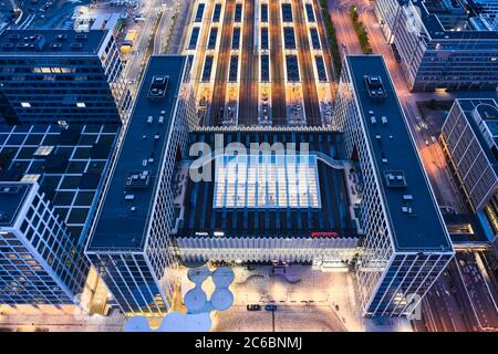 Helsinki, Finland - June 2, 2020: Aerial view of the brand new Mall of Tripla and Pasila railway station. Stock Photo