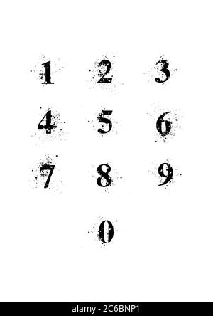 Blot Font numbers set. A black serif font with ink splatters. Numbers individually grouped for easy removal, or alternate placement of background ink. Stock Vector