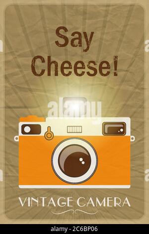 Retro photographic poster with the slogan Say Cheese!, on crumpled brown paper background. EPS10 vector format Stock Vector