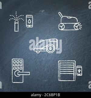 Chalkboard house and garden automation icon set. Sketch symbols on blackboard. Remote controlled garage door, automated lock, lawn mower, pool cleaner Stock Vector