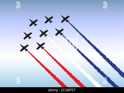Vector illustration of jets flying in formation. Red, white and blue theme. Stock Vector