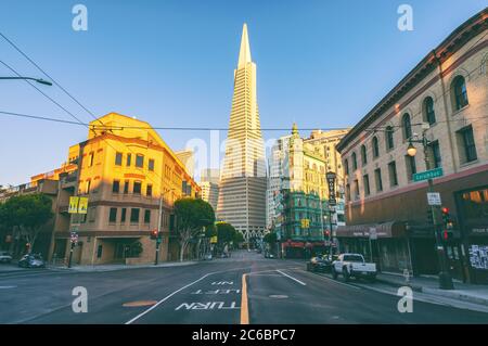 View of the iconic TransAmerica Pyramid from the Columbus Street at North Beach, San Francisco, California, USA. Stock Photo