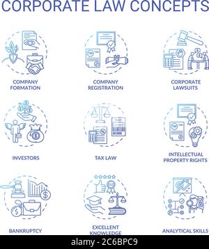 Corporate law concept icons set. Good lawyer skills. Company formation, registration and bankruptcy idea thin line RGB color illustrations. Vector iso Stock Vector