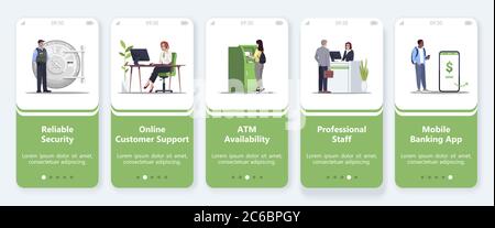 Bank support service onboarding mobile app screen vector template. Reliable security. ATM availability. Walkthrough website steps with flat characters Stock Vector
