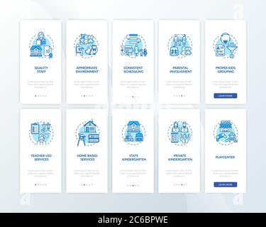 Preschool education centers types and features onboarding mobile app page screen with concepts set. Walkthrough 5 steps graphic instructions. UI vecto Stock Vector