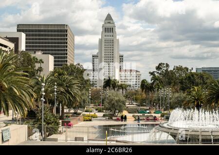 Los Angeles City Hall viewed from Grand Park in Downtown LA, CA, USA. Stock Photo